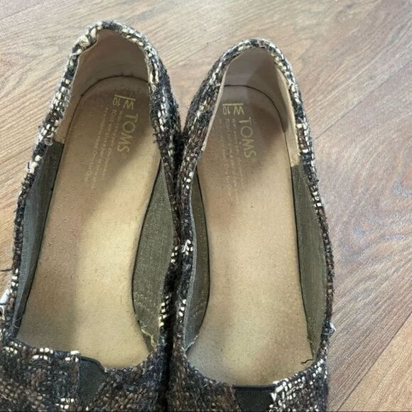 TOMS Wedge Peep Toe Sandals Womens Size W10Black Brown Tan Knit vintage - Picture 6 of 7